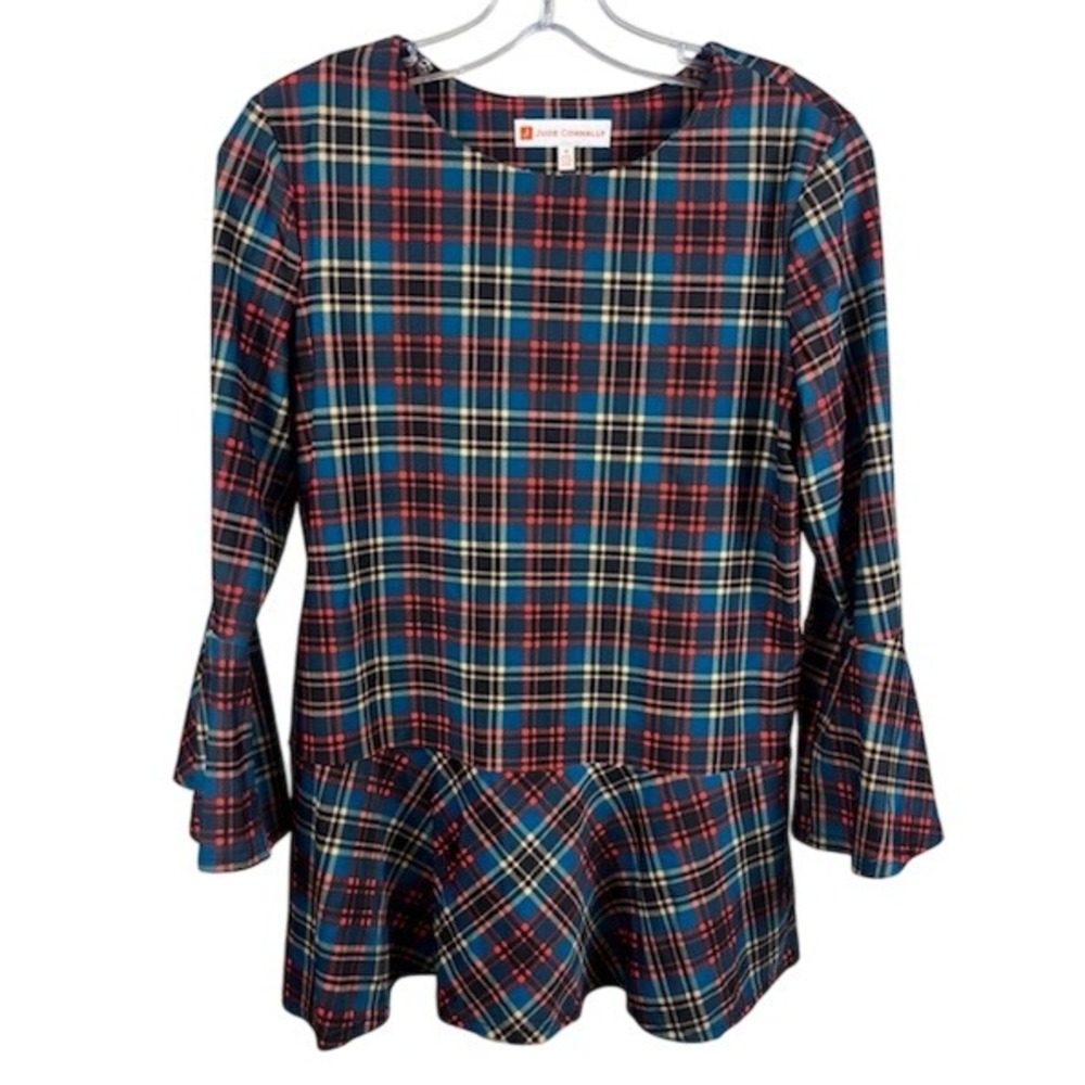 Jude Connally Plaid Bell Sleeve Scuba Blouse Top Women's Size Medium